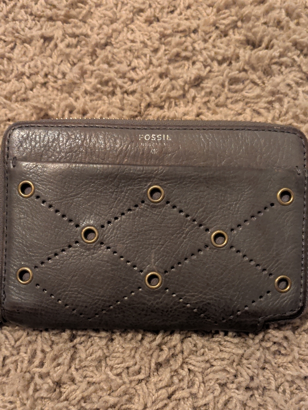 Fossil Quilted Eyelet Leather Zip Around Wallet with Gold Colored Accents